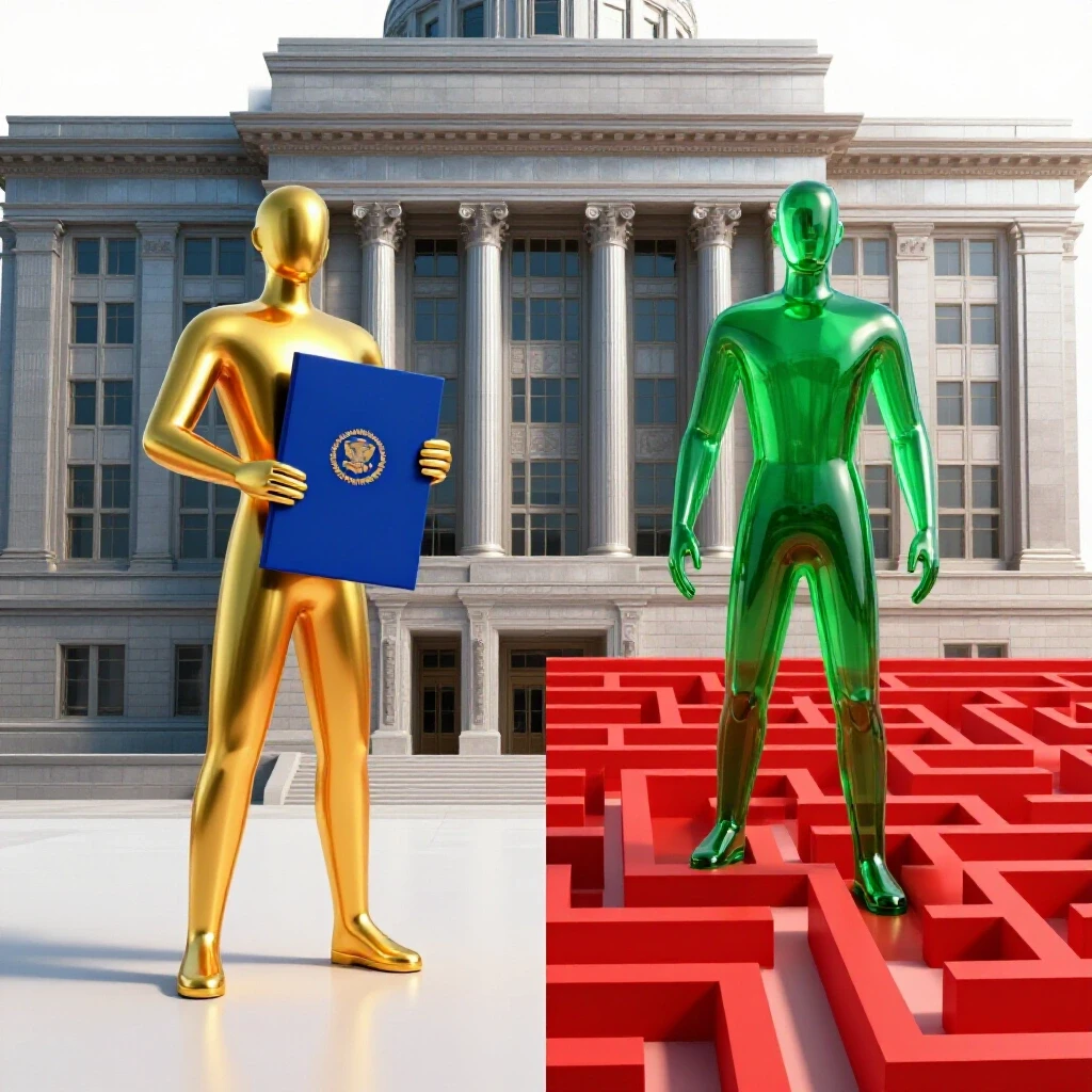Split scene showing an abstract golden figure with diploma before a government building and another navigating a vibrant maze of career paths, against a bright white background.