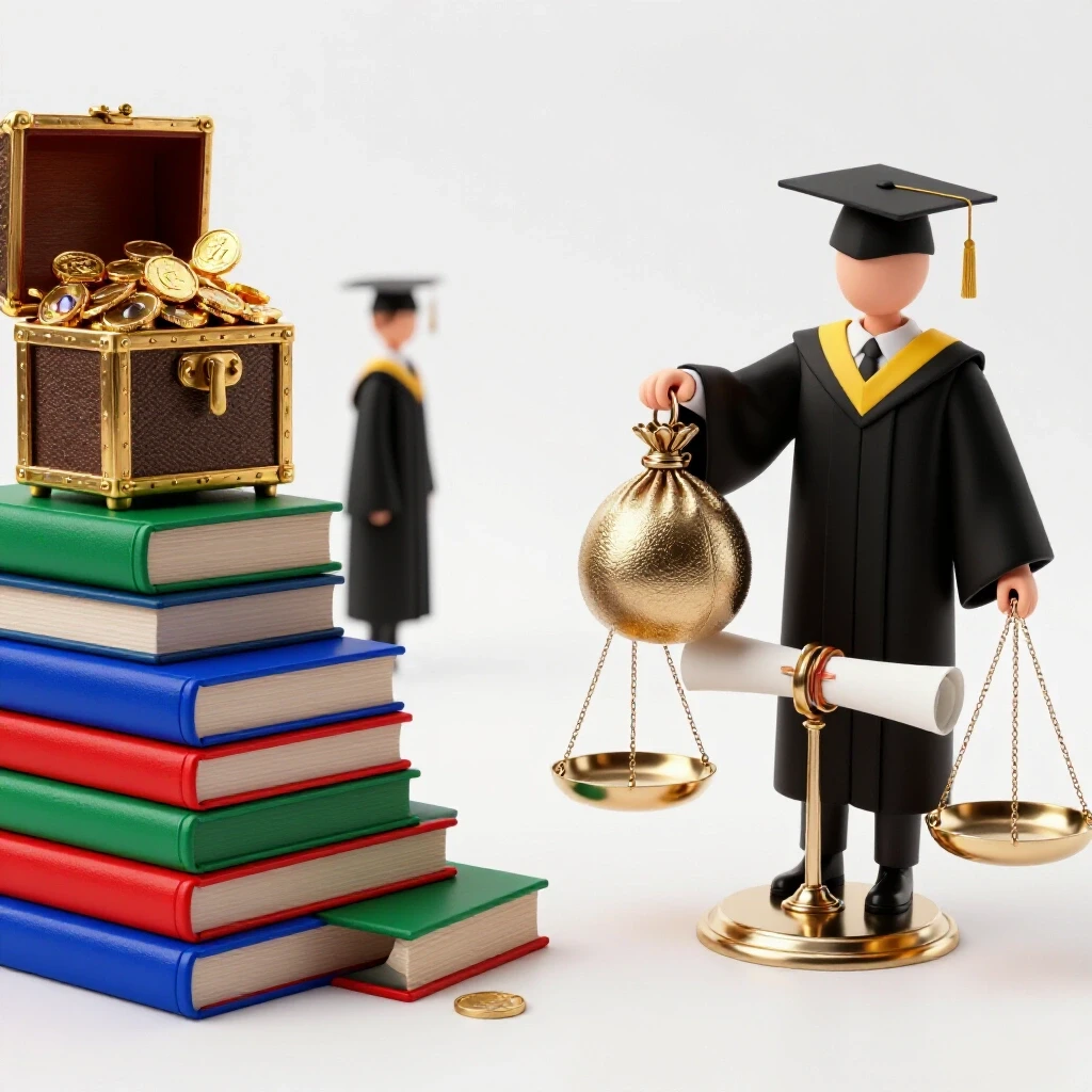 Graduation figure stands on books reaching a treasure chest while weighing money and diploma on scales.