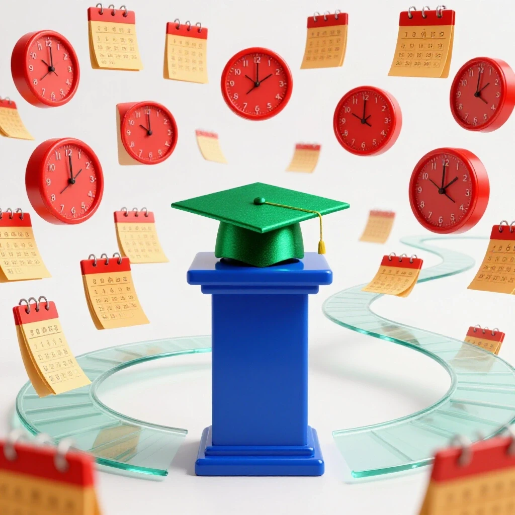 A split-scene shows a graduation podium with cap under bright light on one side, and a winding path with clocks and calendars on the other.