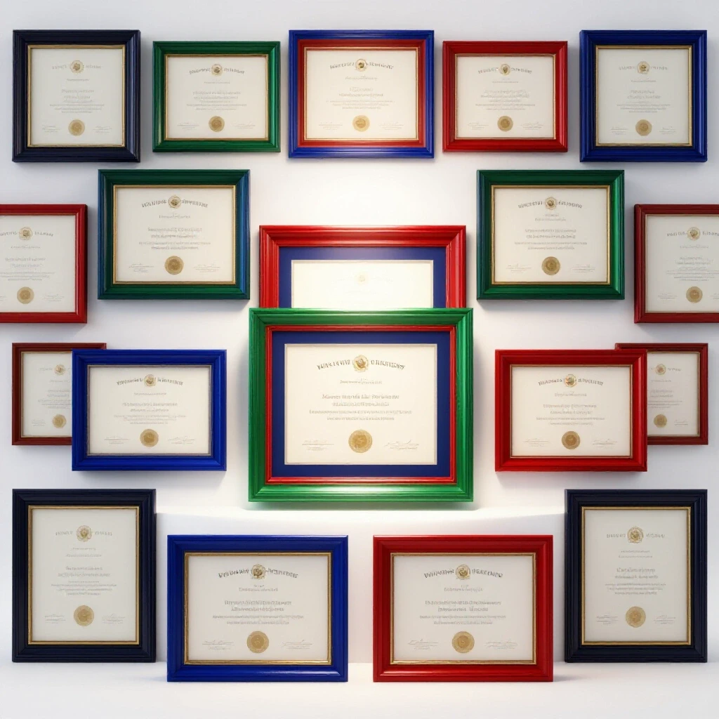 Multiple elegant diploma frames in vibrant colors arranged in a bright workspace, one perfectly highlighted
