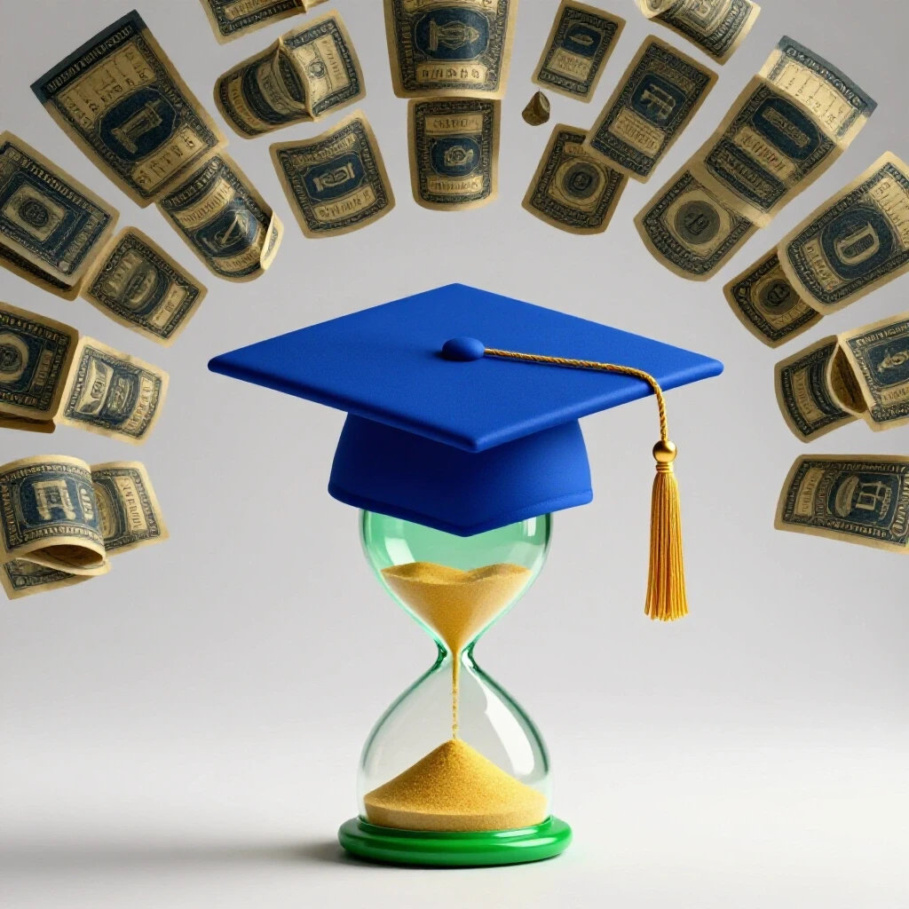 A richly colored graduation cap floating above a tilted hourglass with golden sand spilling out on a bright background.
