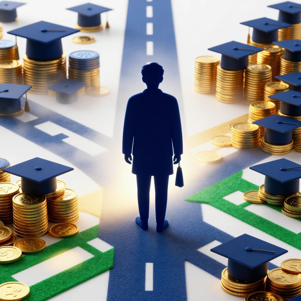 Confident student at a crossroads, one foggy path with myths, the other brightly lit with coins and graduation caps