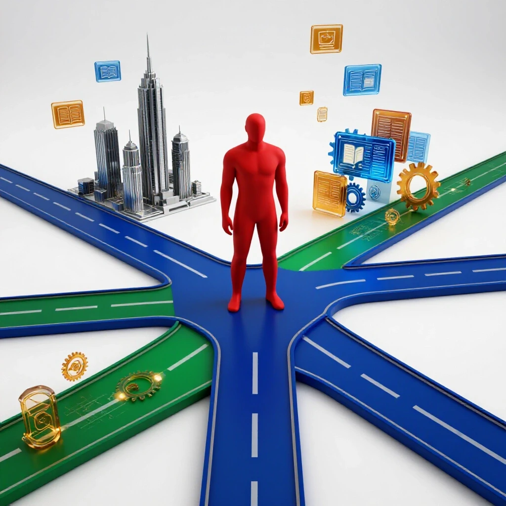 A confident central figure at a crossroads, leading to a futuristic city and digital symbols, with technology and education icons floating above.
