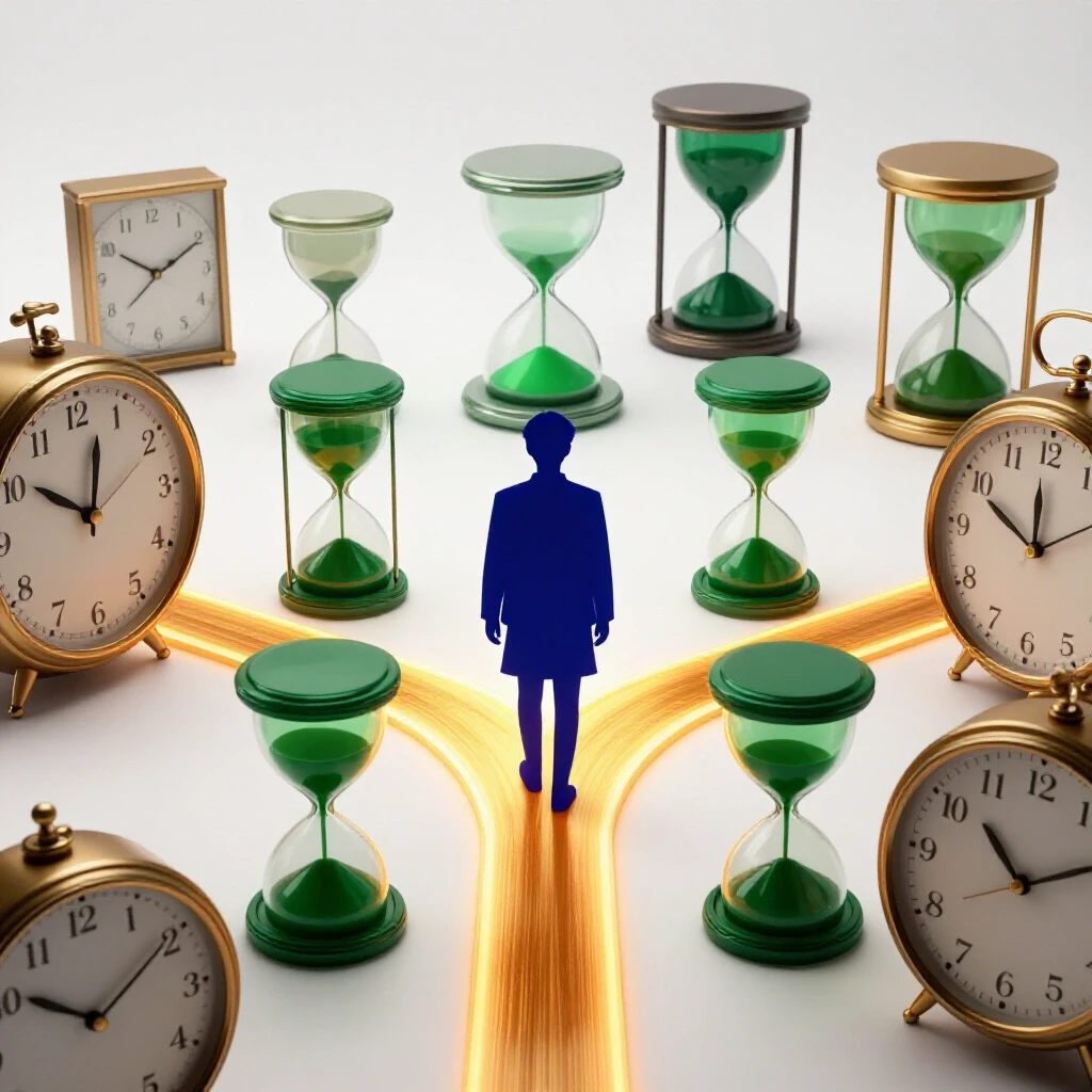 A student-shaped figure stands at a crossroads surrounded by vibrant clocks and hourglasses, with glowing and shadowed paths symbolizing different choices in managing master's degree hours.