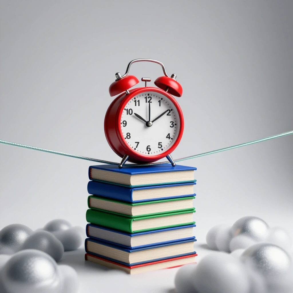 Stack of vibrant books and a large clock balanced on a tightrope over swirling clouds, symbolizing academic workload and time pressure.