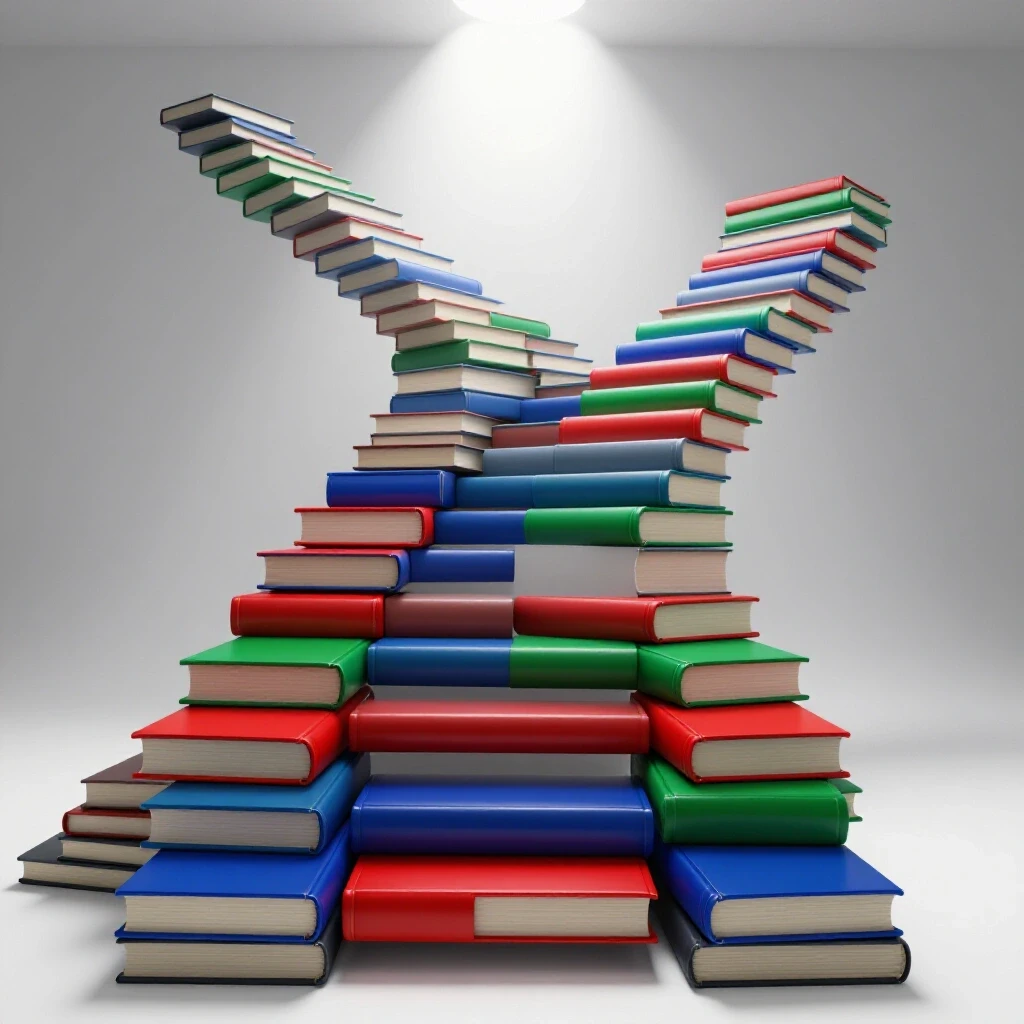 A winding staircase of colorful stacked books ascends under a spotlight in a bright, clean studio setting.