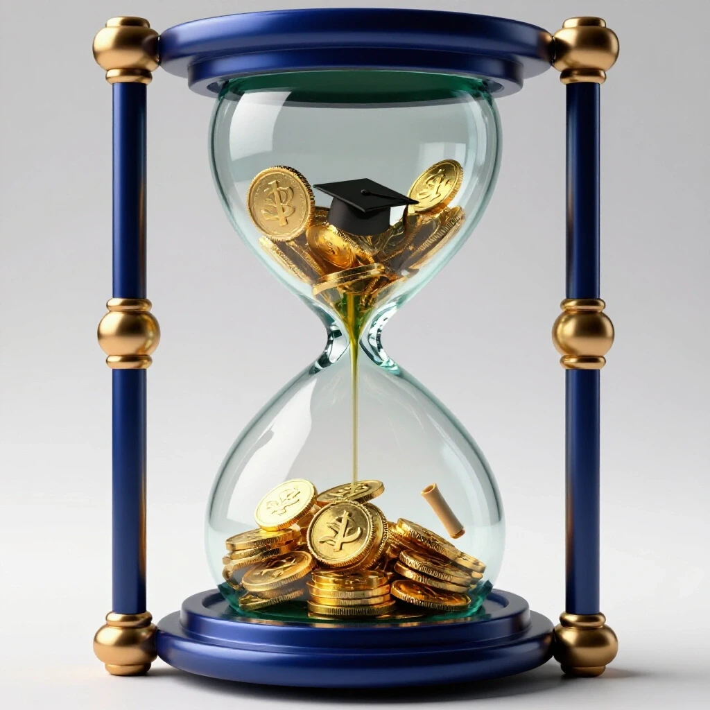 Hourglass at center with golden coins and graduation caps flowing inside, symbolizing time and money trade-off.