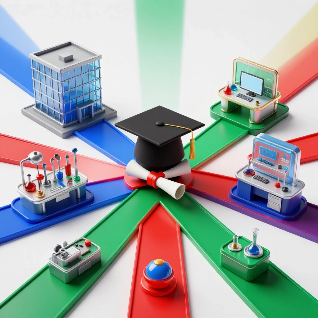 Central graduate cap and diploma at a crossroads with vibrant illuminated paths leading to varied work environments on a bright background.