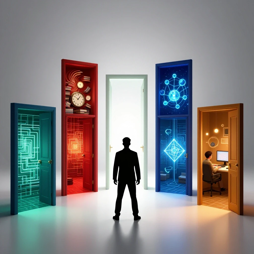 A confident figure stands before five brightly lit doorways, each revealing a vivid, unique path of opportunity.