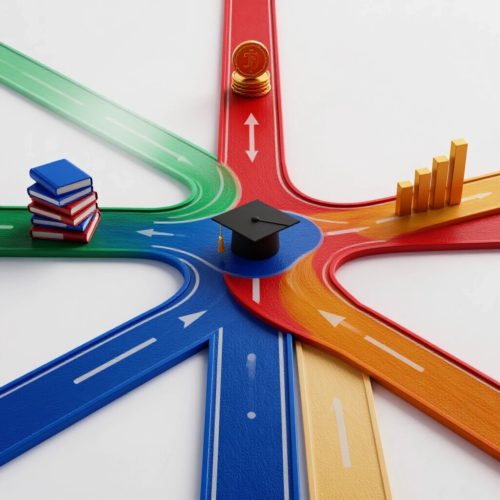 Four-way crossroads with bold colored paths and symbolic destinations for master's degree choices