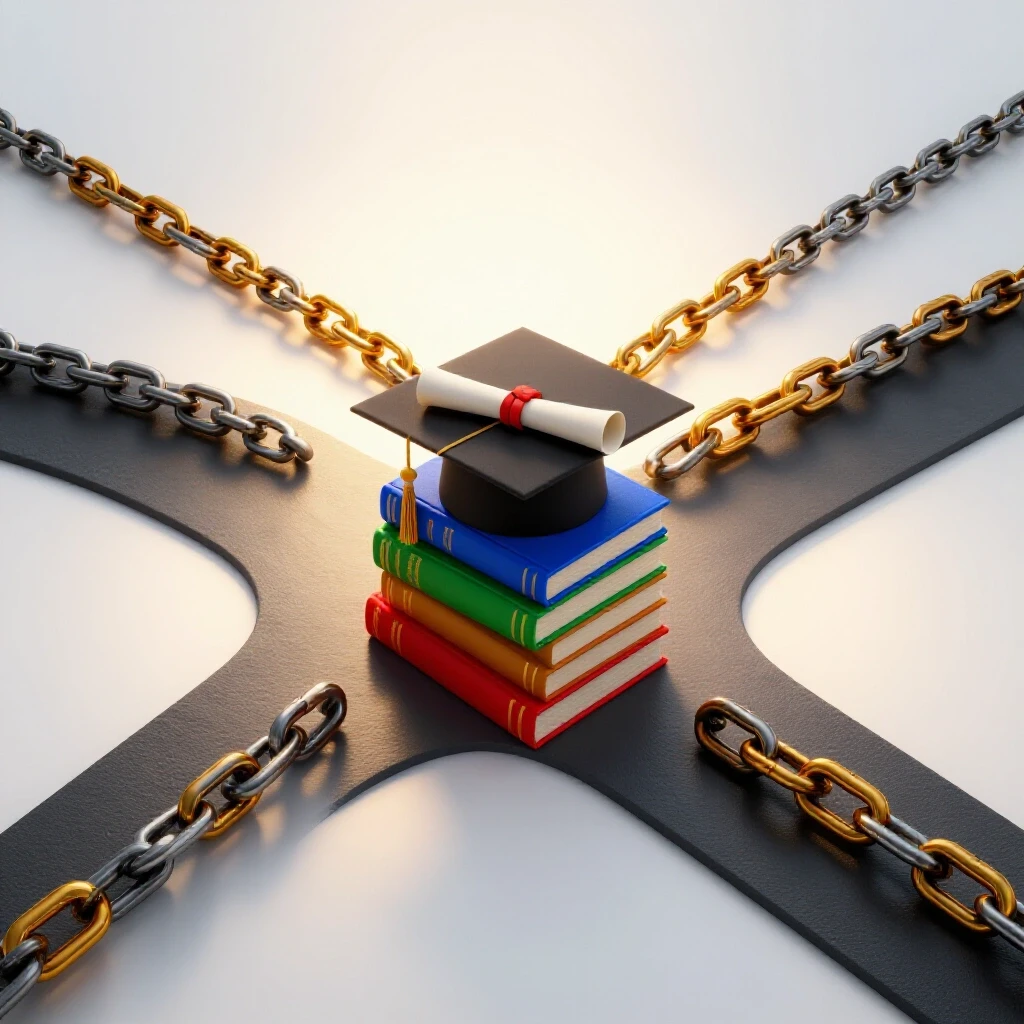 A crossroads with graduation cap, diploma, and books at center, paths diverging toward bright future or chained debt barriers.