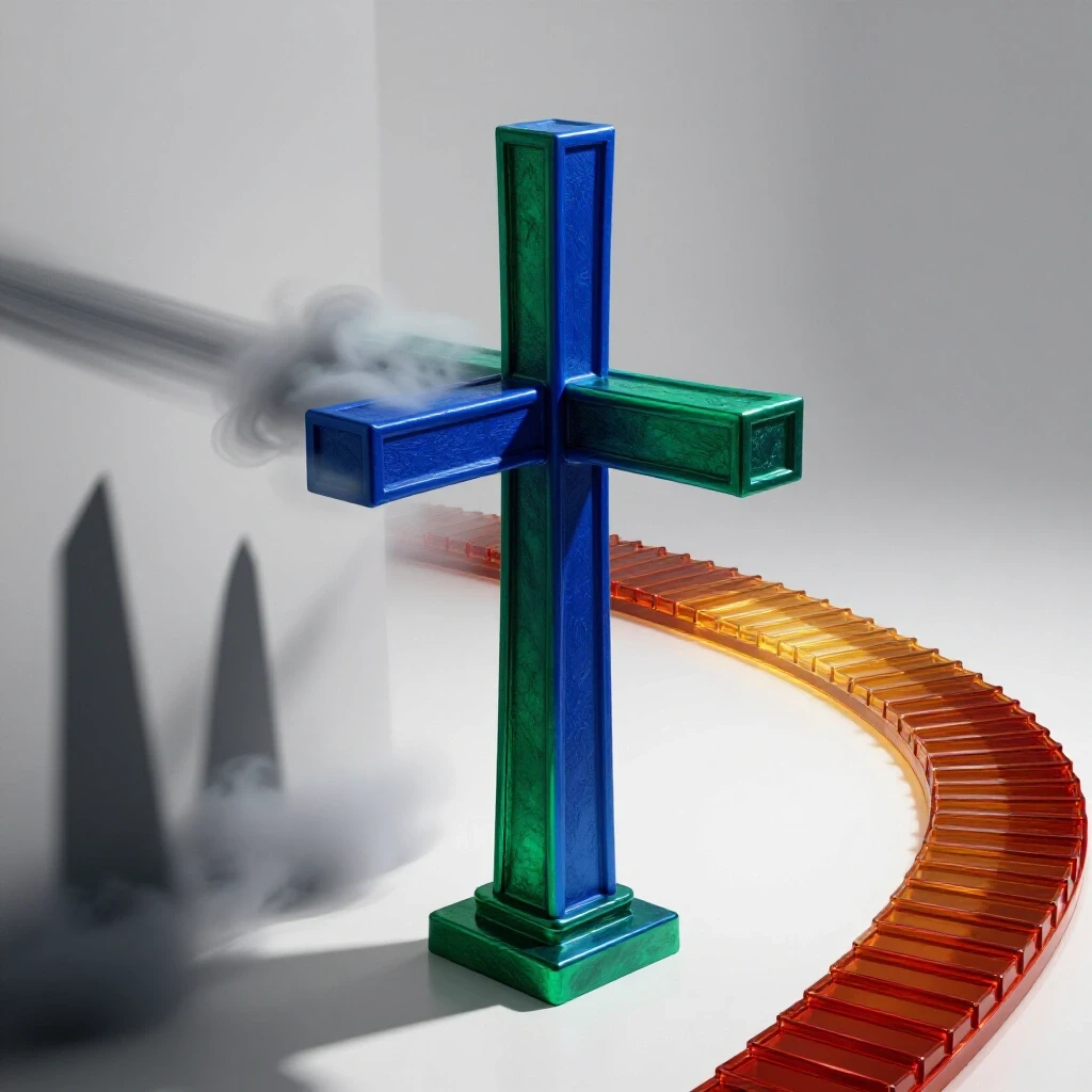 Glossy crossroads sculpture with one foggy, shadowy path and one brightly lit, inviting path on a clean white background.