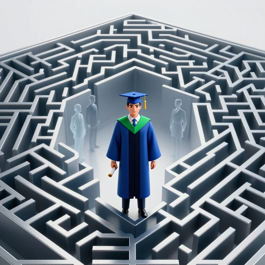 Confident graduate holding diploma at maze’s edge, recruiters silhouetted at the exit, in a bright scene.