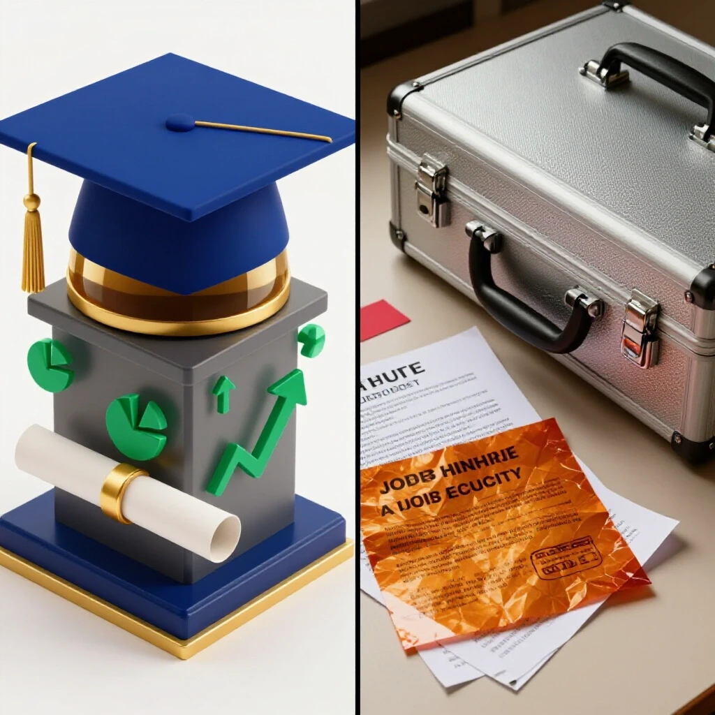 Split image: left side shows a polished blue graduation cap and diploma; right side features a metallic briefcase and job offer letters, contrasting degree expectations with real-world outcomes.