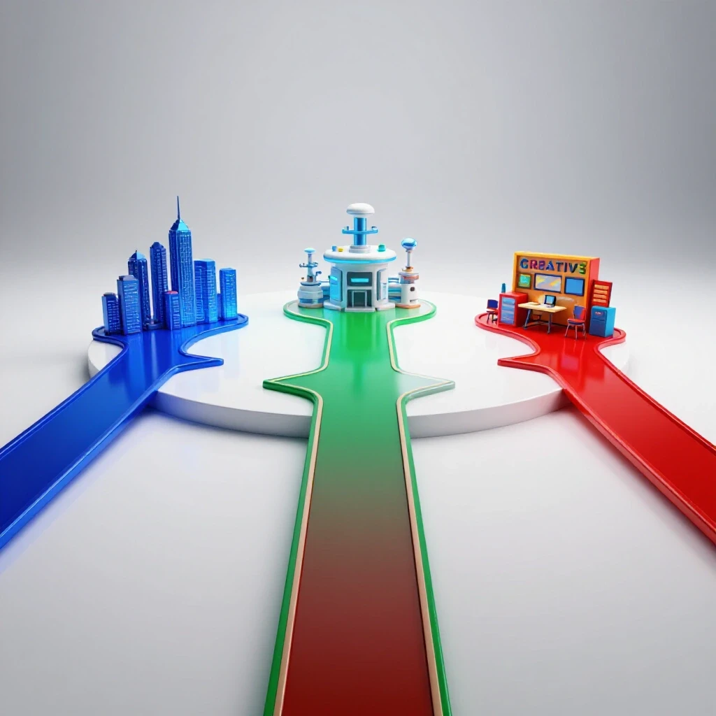 Bright studio image of three vividly colored paths splitting from a central platform, each leading to a unique symbolic destination like a city skyline, research lab, and creative studio.