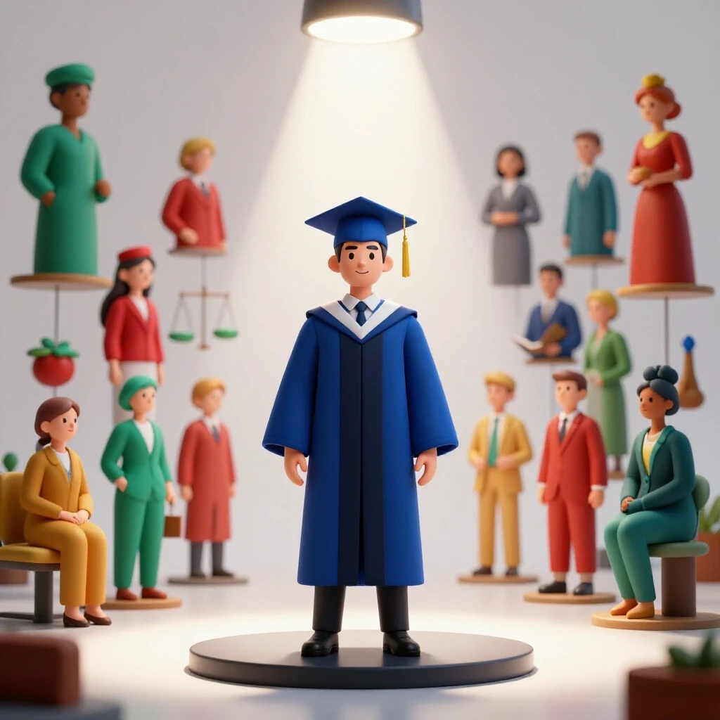 A graduate in vibrant blue cap and gown stands under a bright spotlight, surrounded by colorful 3D career symbols.