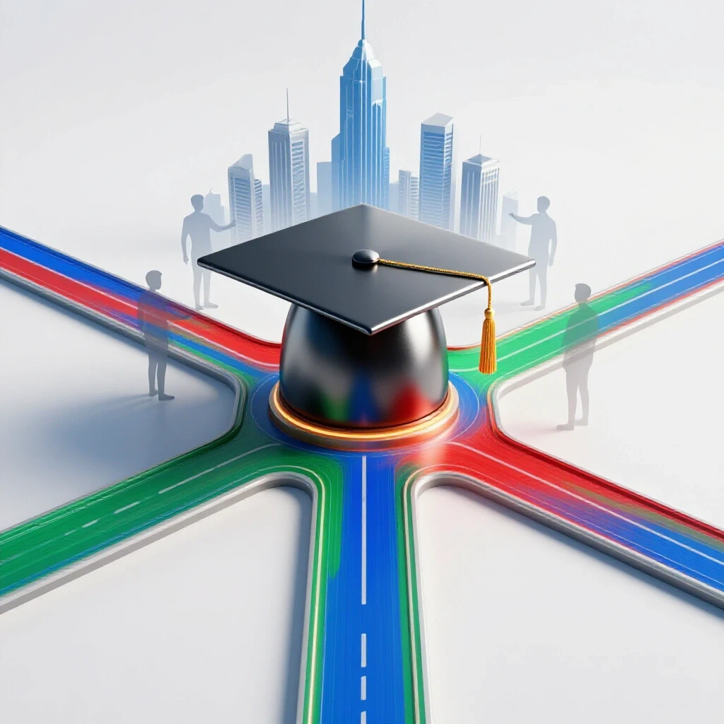 A central graduation cap at illuminated crossroads leading to a futuristic city skyline with guiding figures in the background.