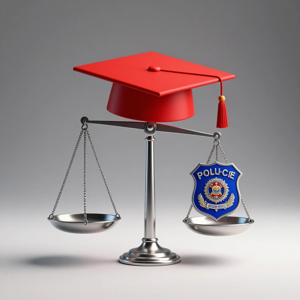 Police badge and graduation cap balanced on a metallic scale under bright studio lighting, symbolizing career and academic choices.
