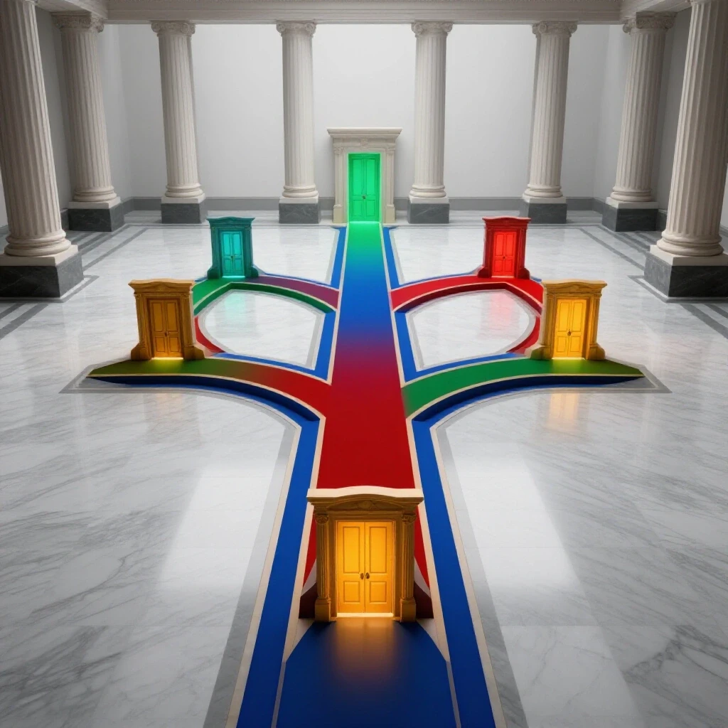 Branching pathways in a grand government building leading to illuminated doors, each symbolizing a policy career option.