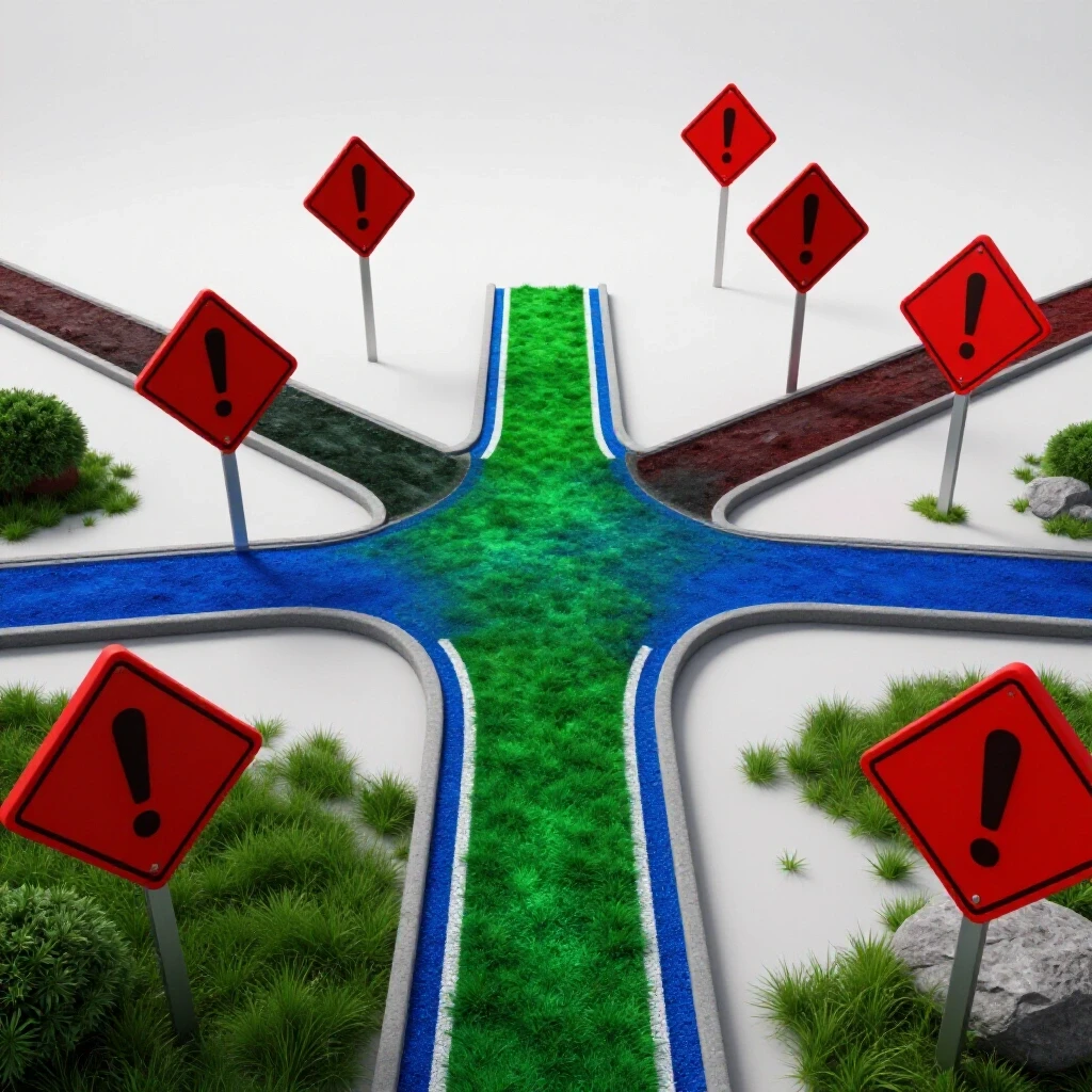 A crossroads with one vibrant, inviting path and another path with red warning signs in a bright, well-lit scene.
