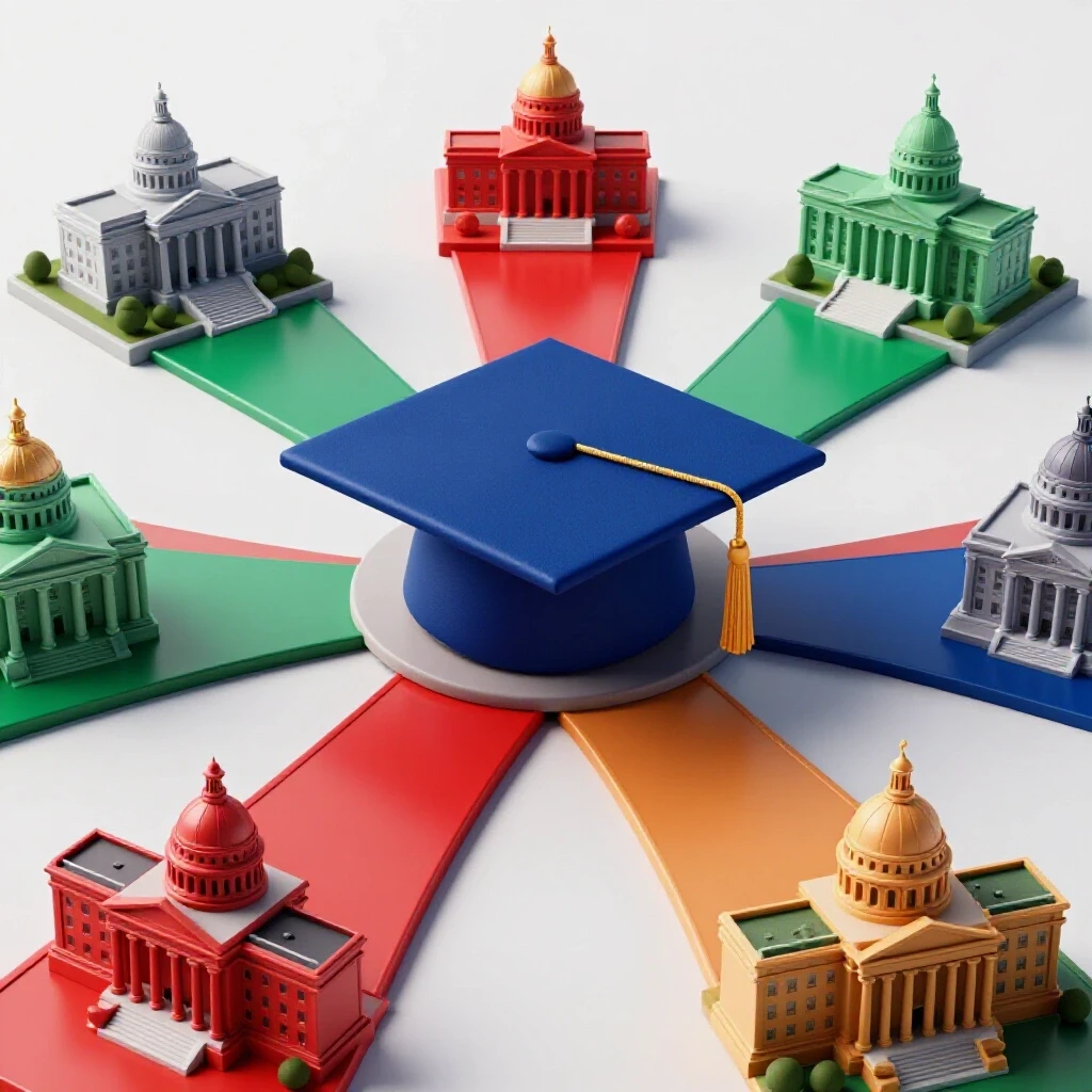 A graduation cap stands at the center of diverging colorful paths leading to iconic government buildings.