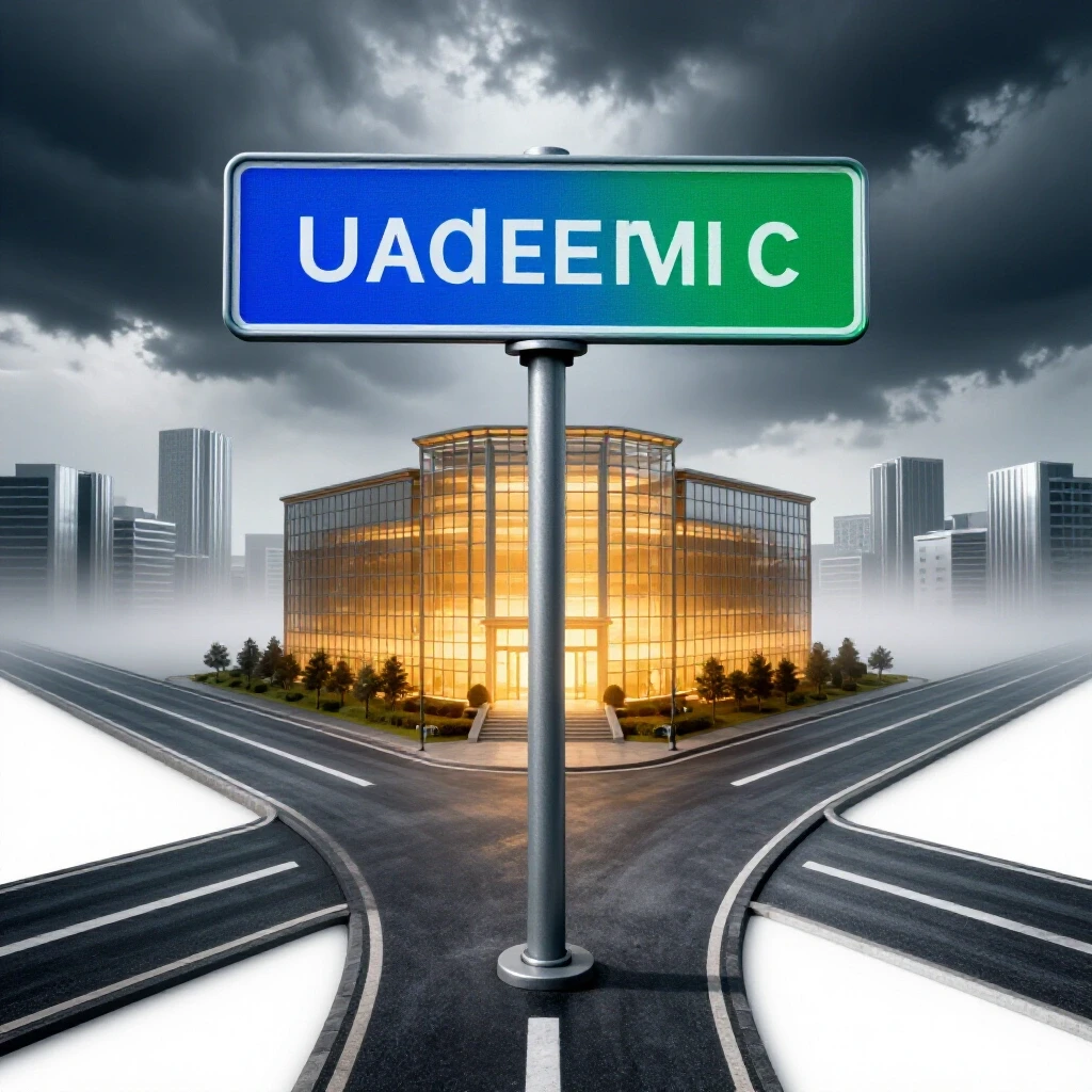 A crossroads under stormy skies with one path leading to a glowing school building and the other to a misty cityscape, symbolizing the choice between education and uncertainty.