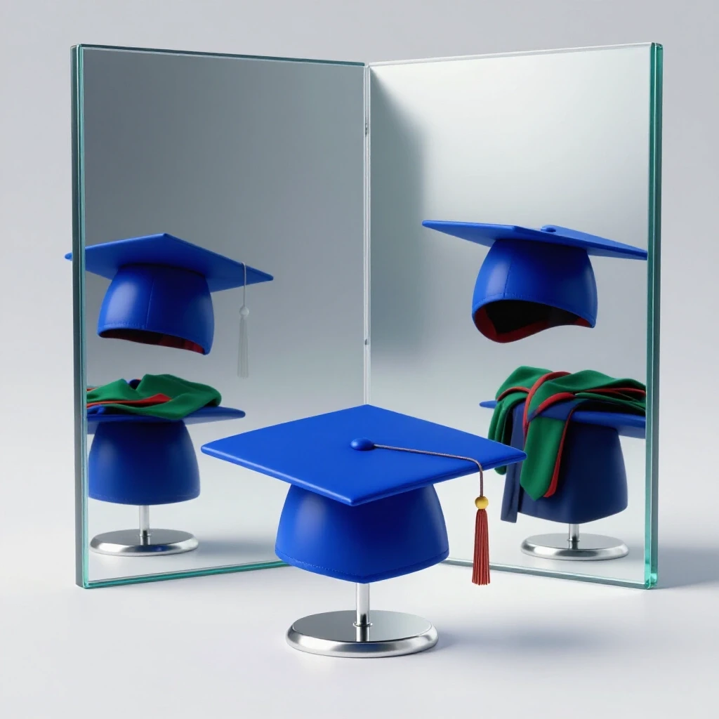 Graduation hood and cap centered in front of a mirror, showing both correct and incorrect regalia arrangements.