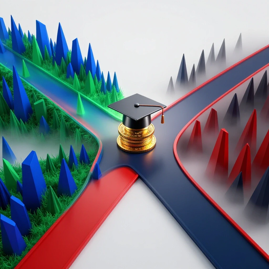 Glossy crossroads with vibrant and shadowy paths, abstract graduation cap on gold coin at the intersection, in a bright studio setting.