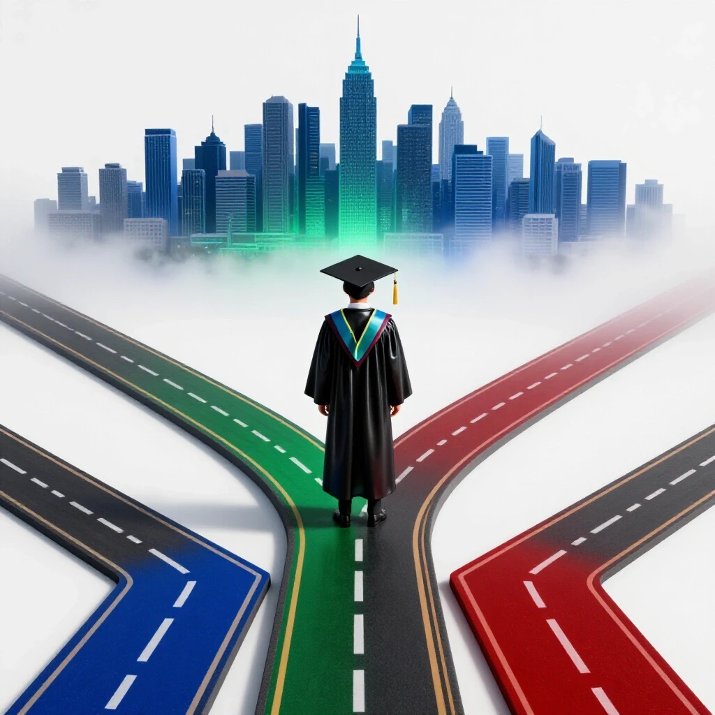 A graduate in cap and gown stands at a crossroads, one path leads to a bright city, the other into foggy uncertainty.
