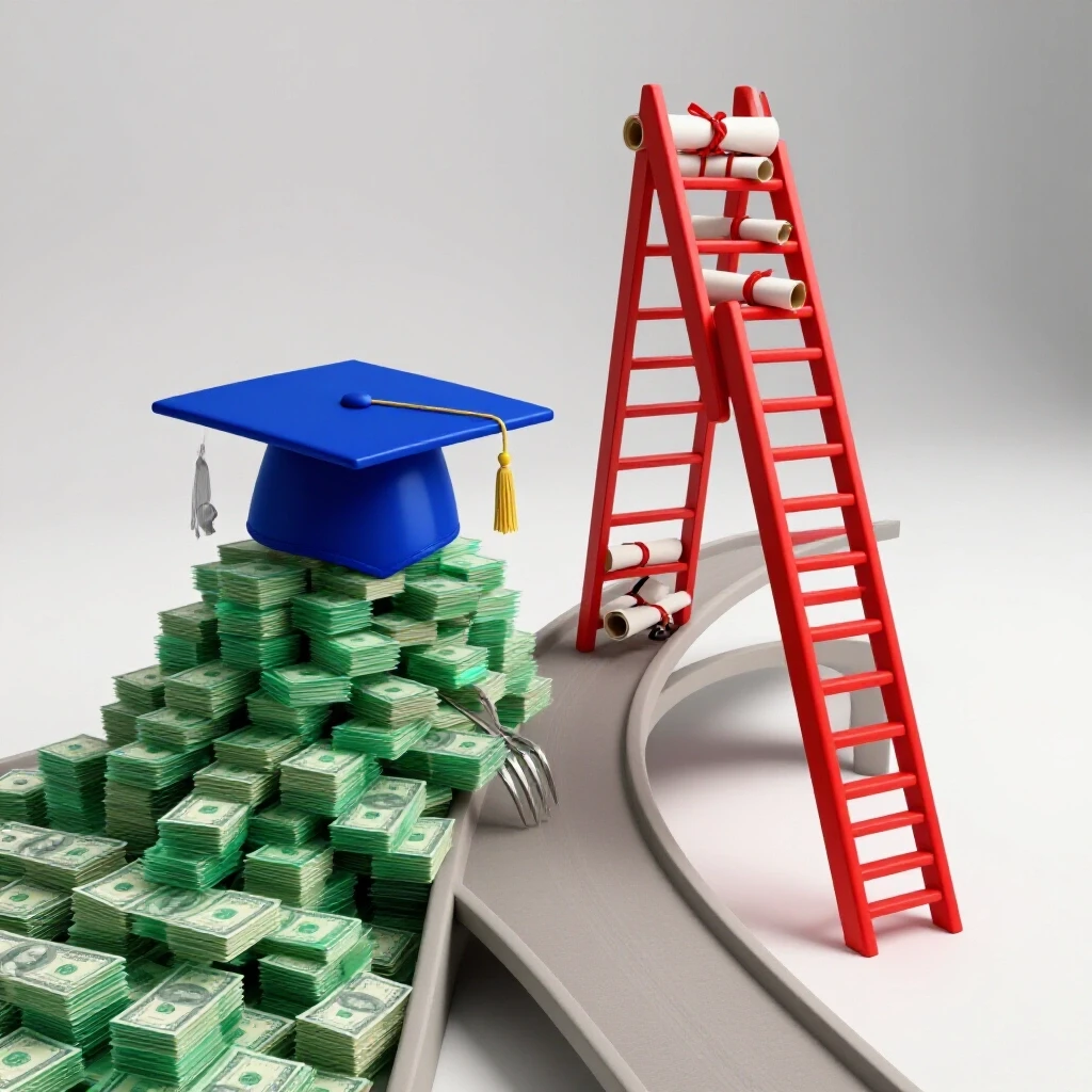 Forked path scene with a graduation cap on money pile and a ladder made of diplomas, contrasting cost and career advancement.