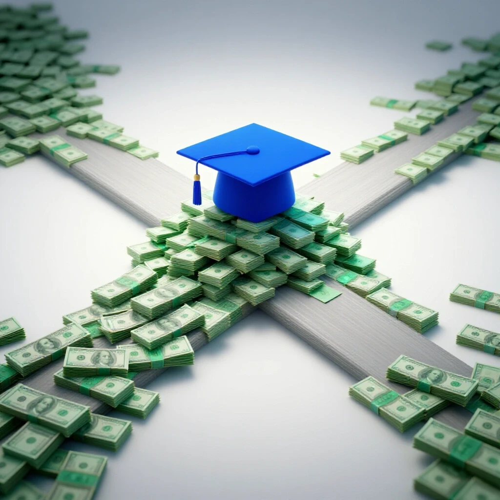 Crossroads with a vivid graduation cap atop money bundles in sharp focus, path fading into uncertainty