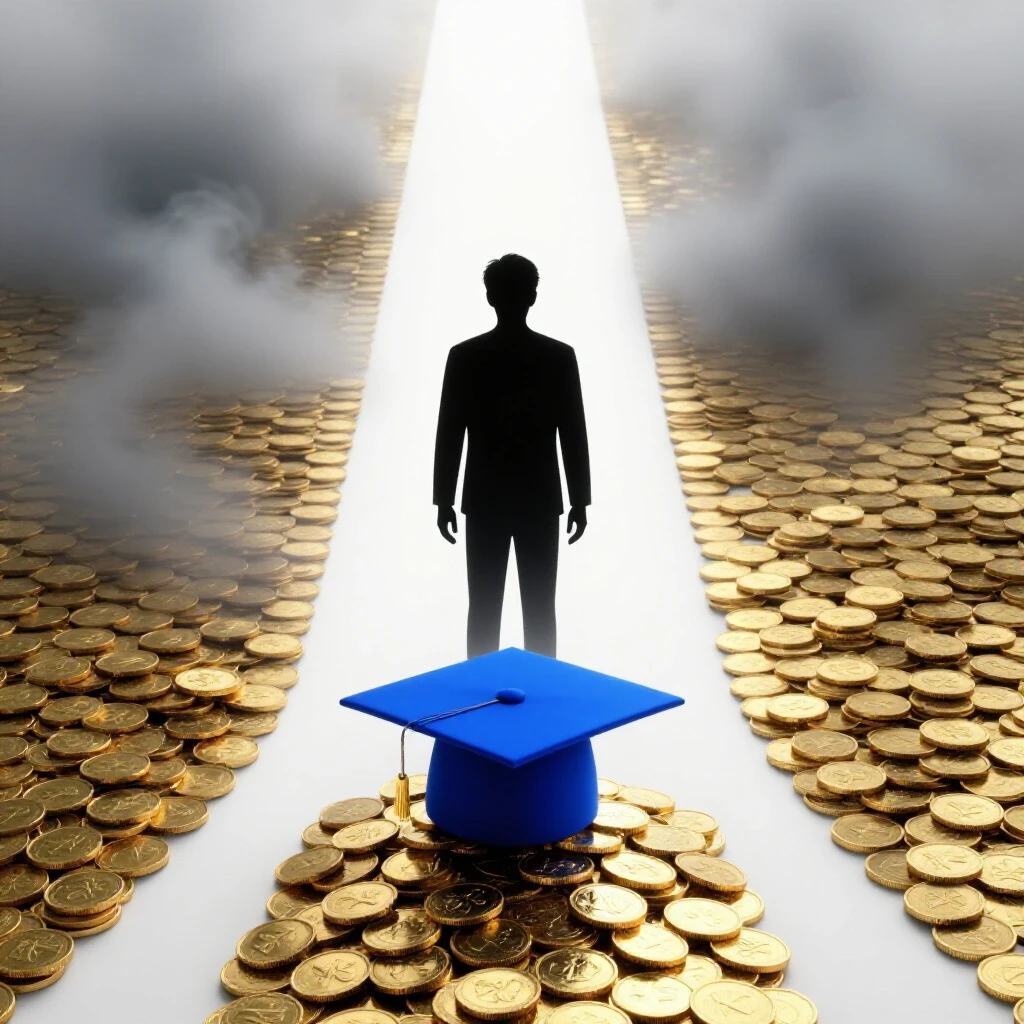 A central pathway fork shows a figure choosing between a glowing graduation cap on coins and a misty unknown direction.