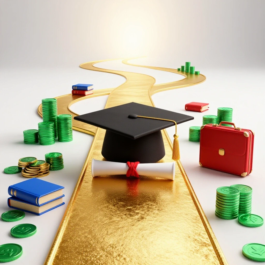 A graduate cap and diploma at the start of a winding golden path with coins, books, and briefcases symbolizing rising wealth and opportunity under bright lighting.