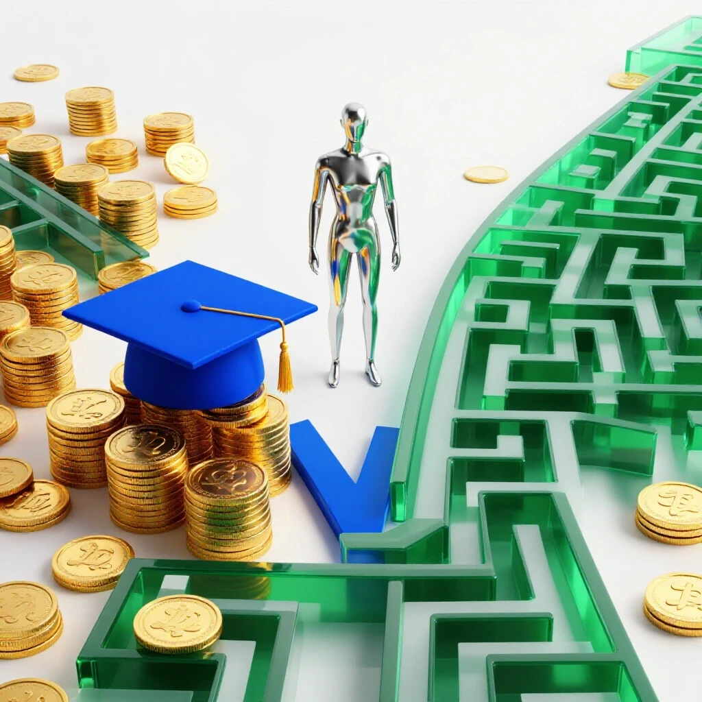Forked path with a glowing graduation cap on coins to one side, a maze of opportunities to the other, and an abstract figure at the crossroads on a bright background.