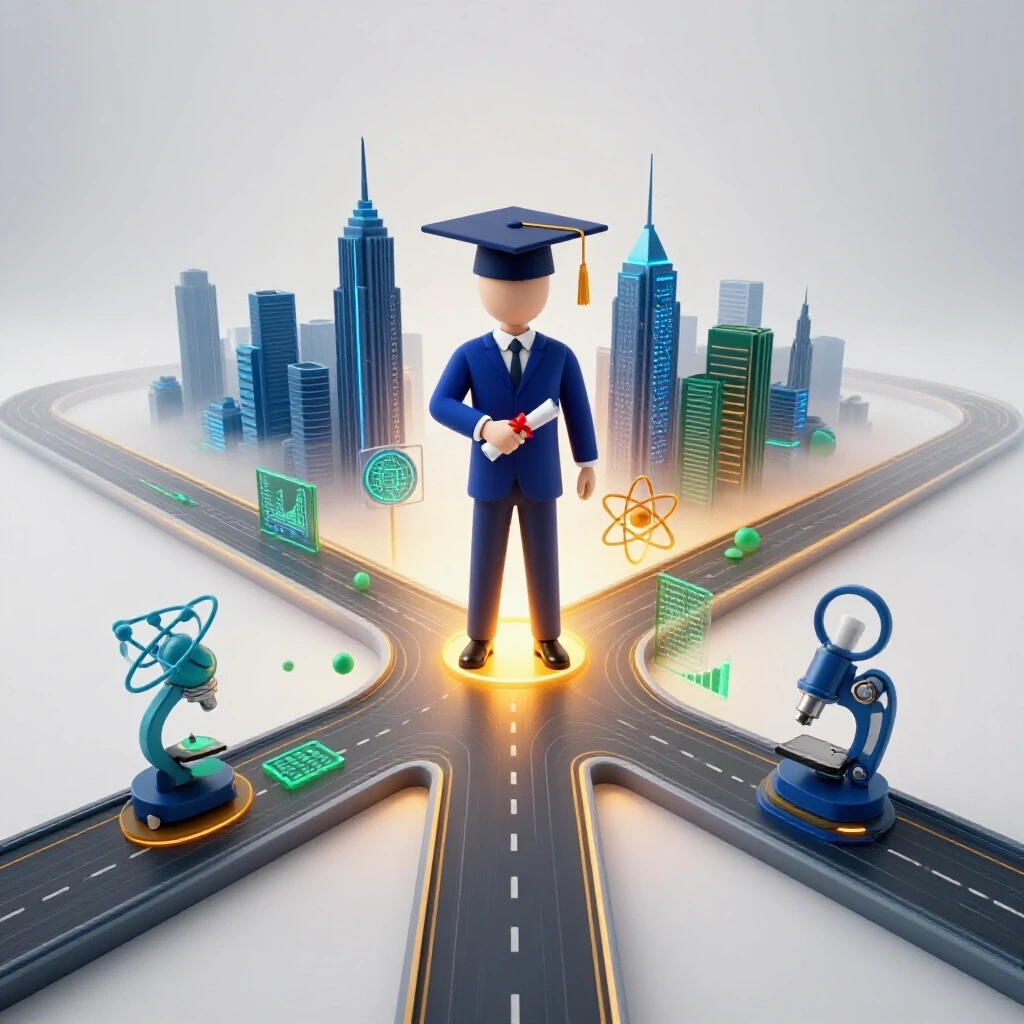 A graduation cap and diploma at a path crossroads; one road leads to a vibrant city with science symbols, the other fades into uncertainty.