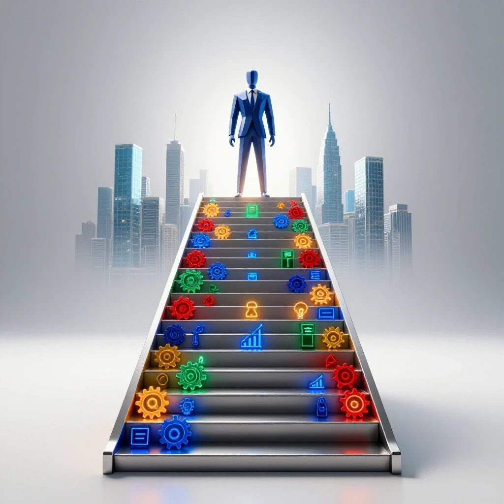 Vibrant skill icons form a staircase ascending to a confident professional icon, overlooking a bright cityscape.