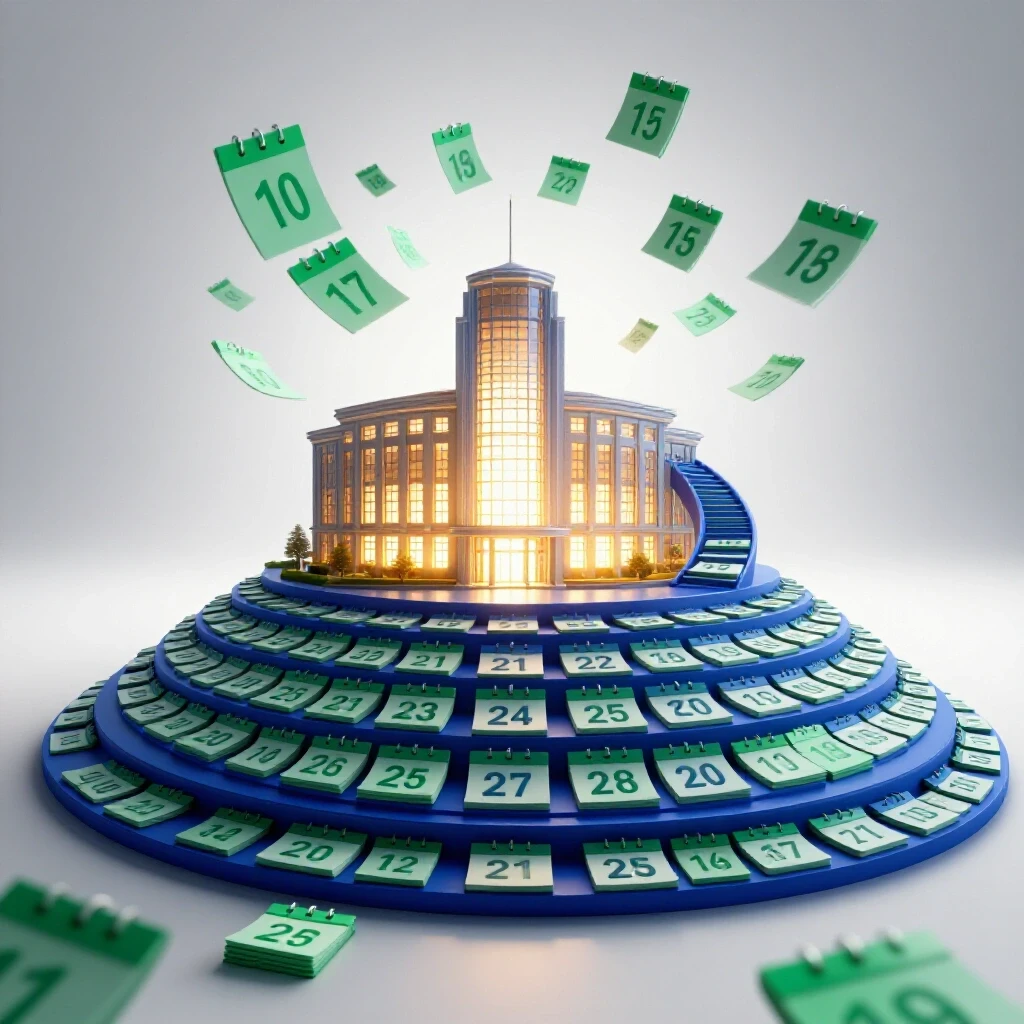A vibrant staircase of calendar pages leads up to a glowing university building, symbolizing racing to meet deadlines.