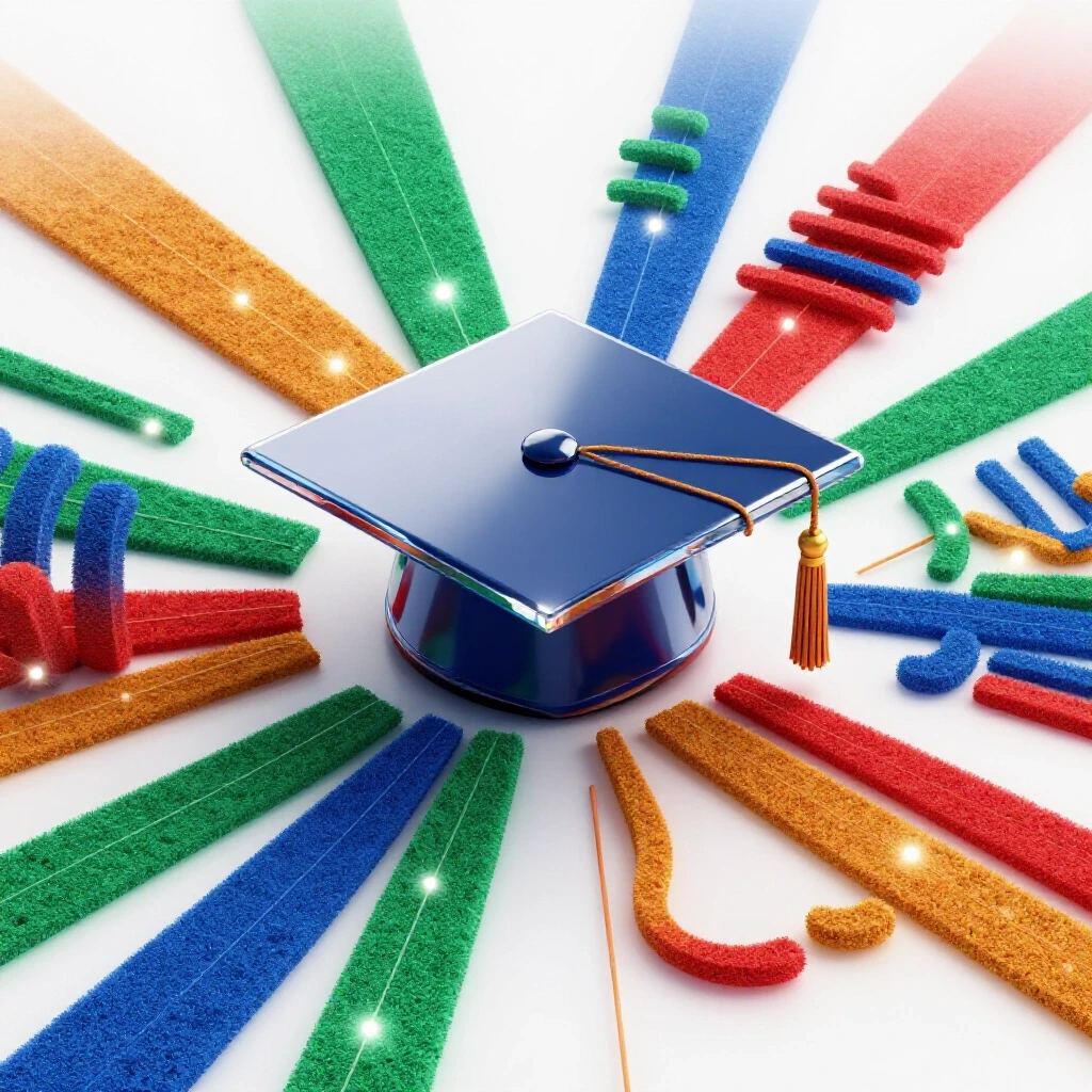 Glossy crystal graduation cap at a crossroads of colorful data chart paths under bright studio lighting.