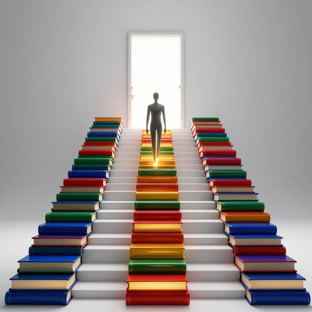 A staircase of glowing, glossy books in vivid colors rises to a bright open doorway, symbolizing career achievement.