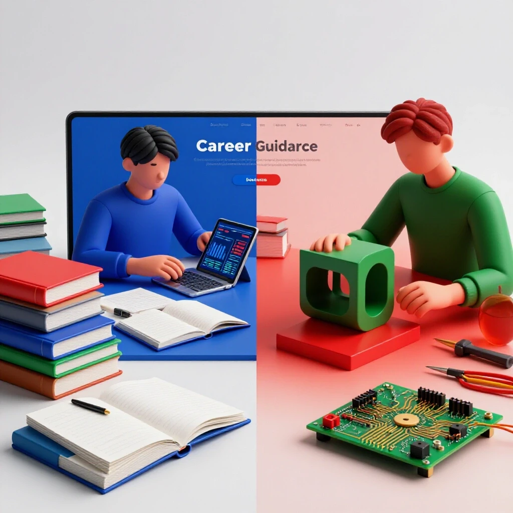 Split scene with research books and data charts on one side, prototype and tools on the other, vivid colors, bright background.