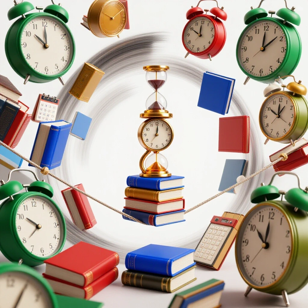Stacked clocks and academic tools balanced on a tightrope above swirling books, symbolizing time management challenges.