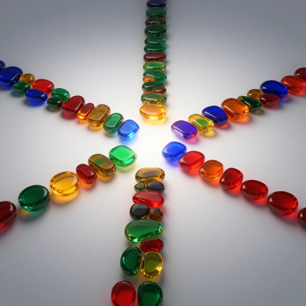 Multiple glowing, richly colored stepping stones branch out at a crossroads over a bright white background.