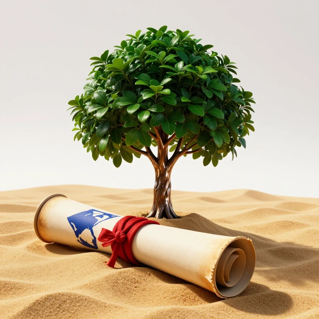 A weathered diploma partially buried in golden sand with a thriving tree growing from it, set against a bright white background.