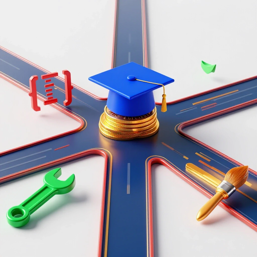 Multiple vibrant career paths converging at a crossroads, with one leading to a graduation cap atop coins and others to colorful career icons.