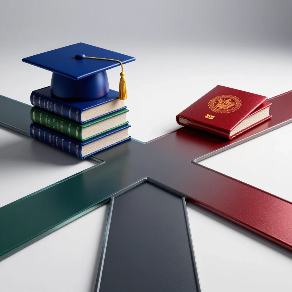 Intersecting pathways leading to a glowing graduation cap and a stamped passport on a bright studio background.
