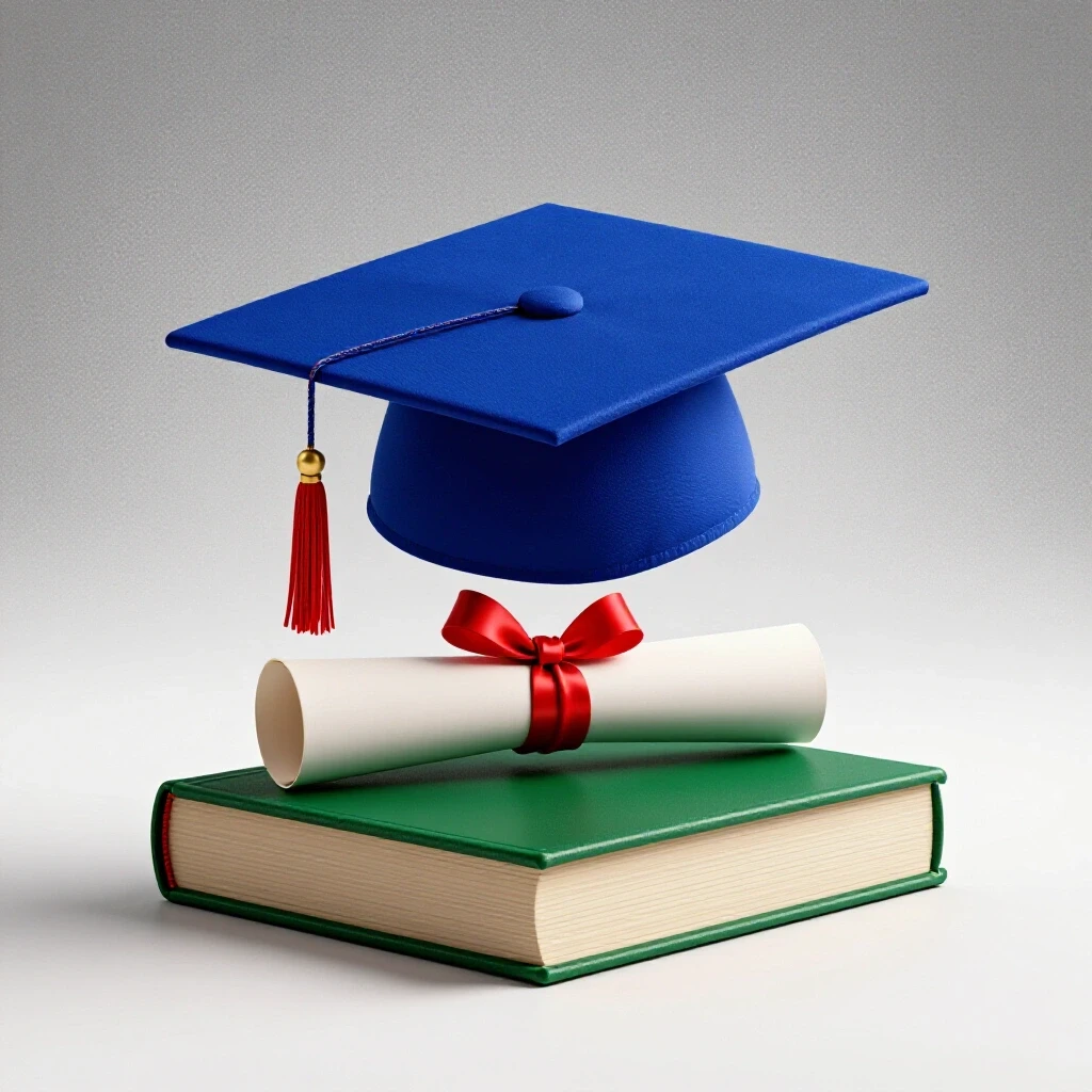 Graduation cap balanced between a diploma and a thick textbook, lit on a bright white background highlighting confusion between degree levels.