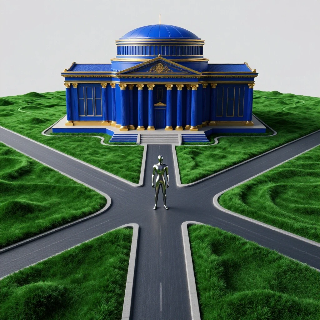 A crossroads with one path leading to a majestic academic lecture hall and the other to an open, uncertain green landscape, separated by a thoughtful abstract figure at the intersection.