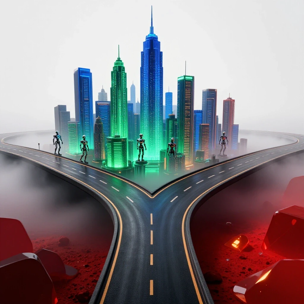 A forked path leads to a vibrant AI city with robots on one side and a misty, uncertain landscape on the other, set in an illuminated studio scene.