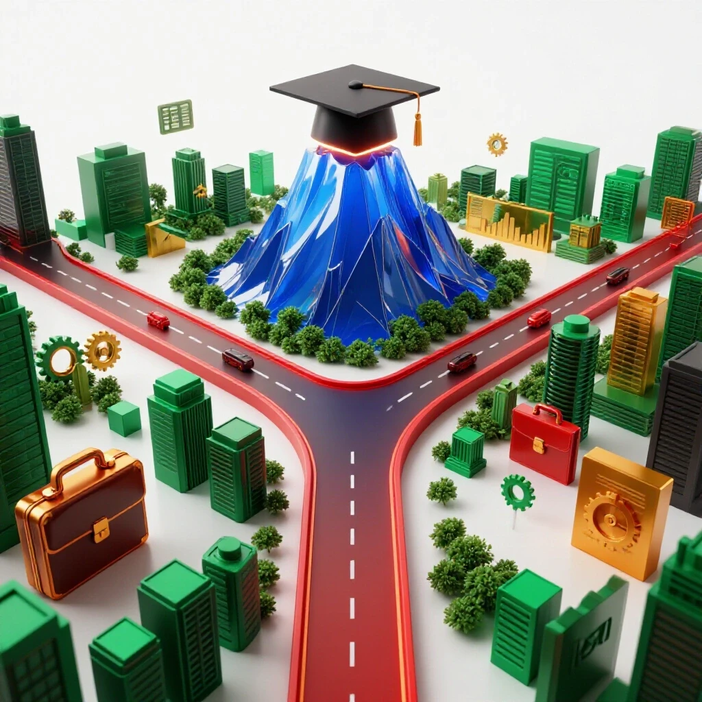 A crossroads scene with a path leading up to a glowing graduation cap on a mountain and another winding through a vibrant cityscape with career icons, symbolizing education versus direct career advancement.