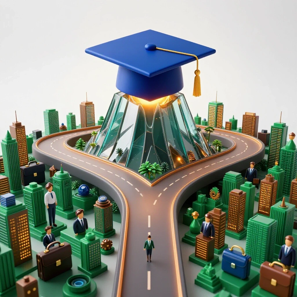Two diverging paths, one leading to a glowing graduation cap on a mountain, the other to a city with vivid career symbols.